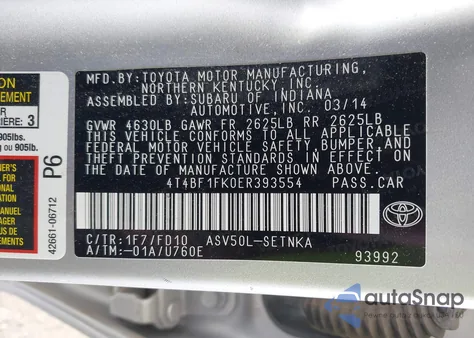 2014 Toyota Camry Le from USA, damaged, VIN 4T4BF1FK0ER393554